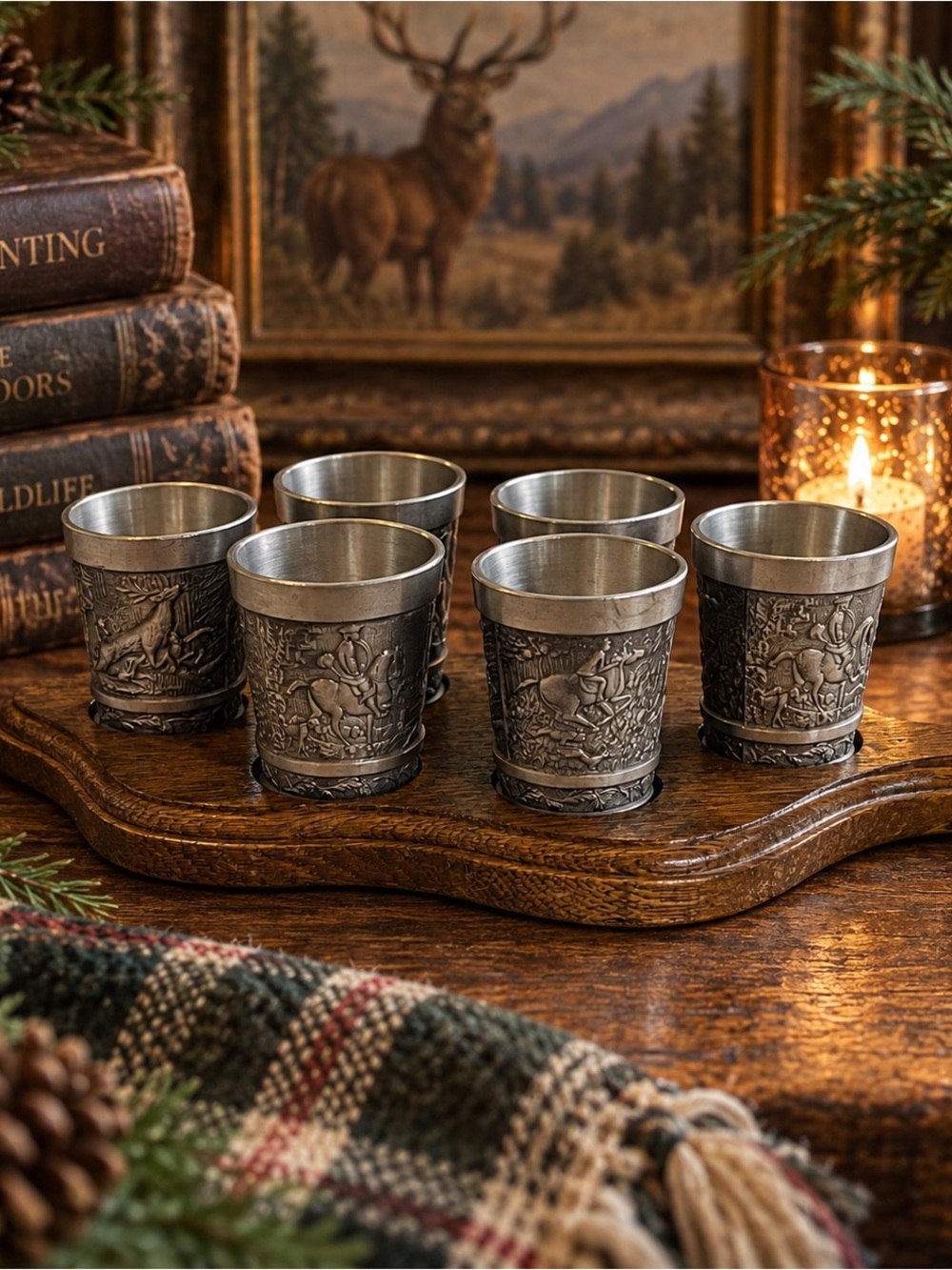 Vintage German Reinzinn Pewter Shot Cups Set of 6 + Wood Tray